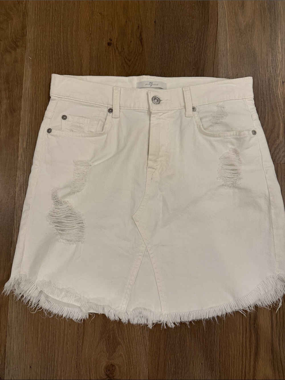 7 For All Mankind White Distressed Denim Mini Skirt
